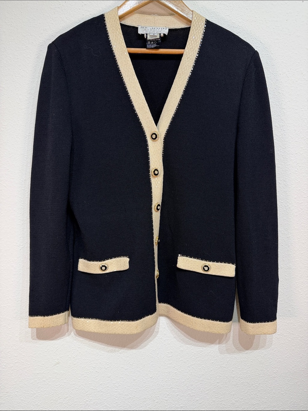 St. John Evening by Marie Gray Black & Ivory Wool Cardigan Jeweled Buttons 8 - Picture 2 of 8
